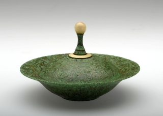 Sycamore Lidded Bowl. Pyrography, stain and verdigris wax