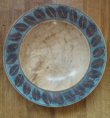 Sycamore platter. Pyrographed, stained and verdigris finish