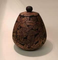 Lidded pot. Sycamore. Pyrographed