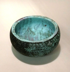 Sycamore bowl. Pyrographed and copper verdigris finish