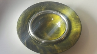 Rippled Sycamore bowl. Stained. Inner rim of cast and turned pewter.