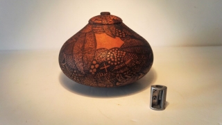 Pear pot. Lidded. Pyrographed.