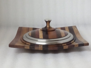 Laminated square lidded platter with cast and turned pewter details