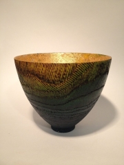 Sycamore bowl. Pyrographed, stained and gilded