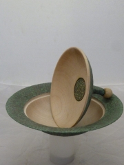 Lidded bowl in Sycamore. Pyrographed, stained and verdigris waxed