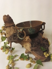 Relic bowl. Sycamore, pyrography, copper verdiris