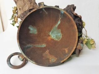 Relic bowl. Sycamore, pyrography, copper verdiris