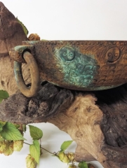 Relic bowl. Sycamore, pyrography and copper verdigris